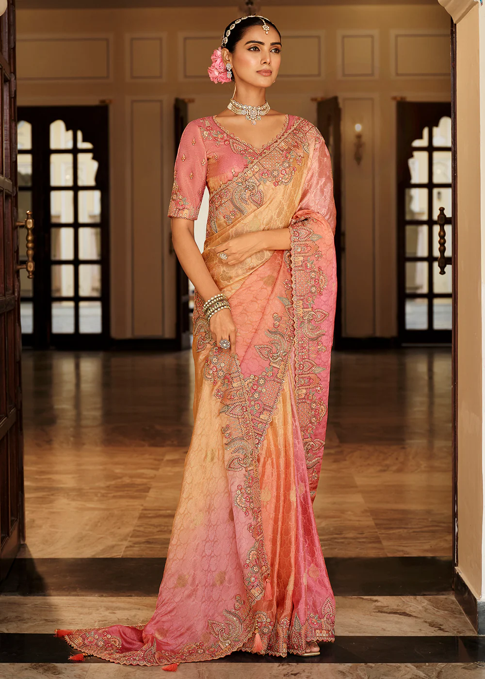 Peach & Pink Traditional Embroidered Designer Saree - Image 3