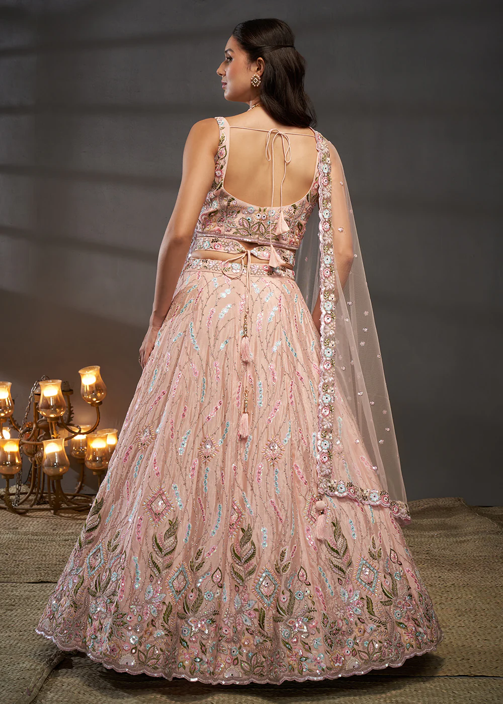 Peach Poly Chiffon Embroidered Bridesmaids Lehenga Choli - Image 3