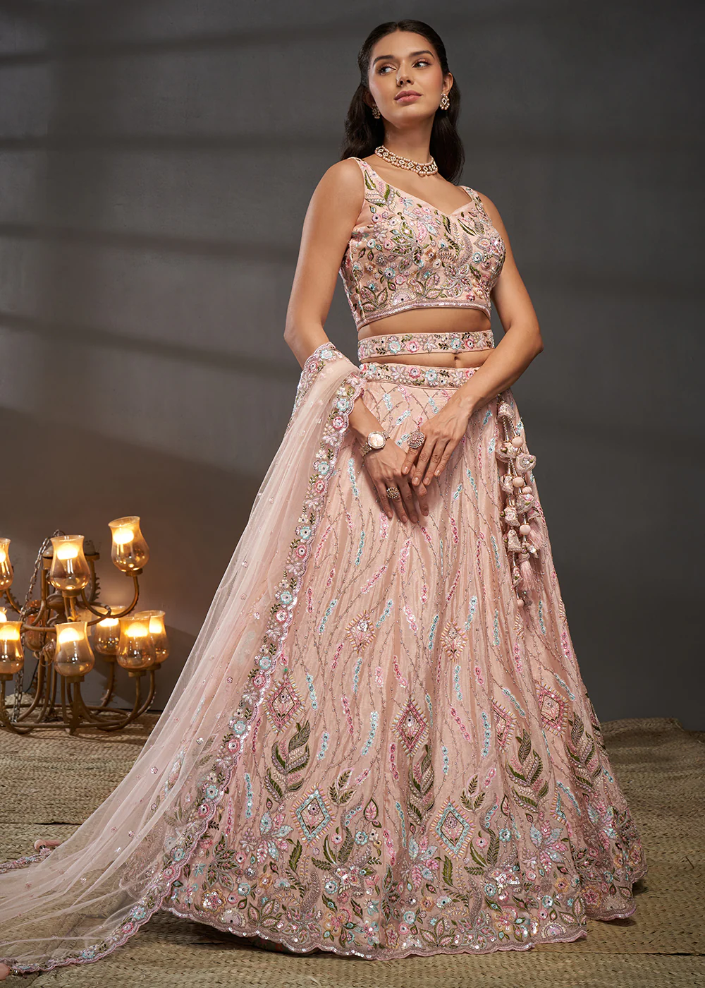 Peach Poly Chiffon Embroidered Bridesmaids Lehenga Choli - Image 4