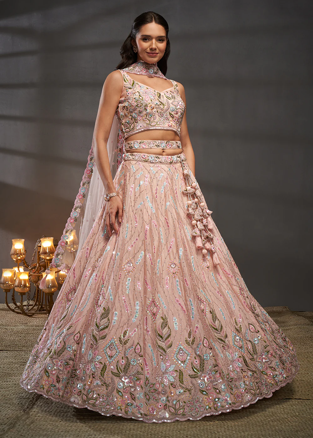 Peach Poly Chiffon Embroidered Bridesmaids Lehenga Choli - Image 5