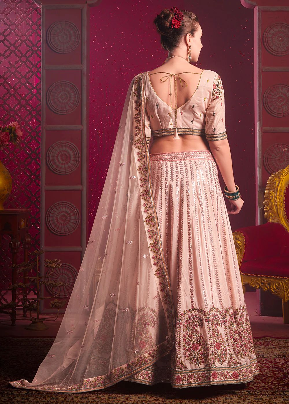 Peach Premium Silk Embroidered Bridesmaids Lehenga Choli - Image 3