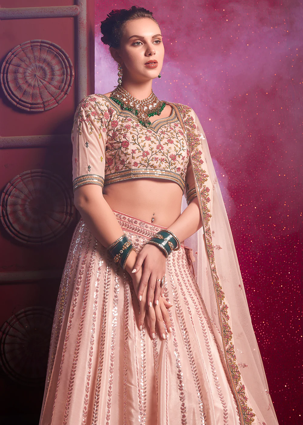 Peach Premium Silk Embroidered Bridesmaids Lehenga Choli - Image 4