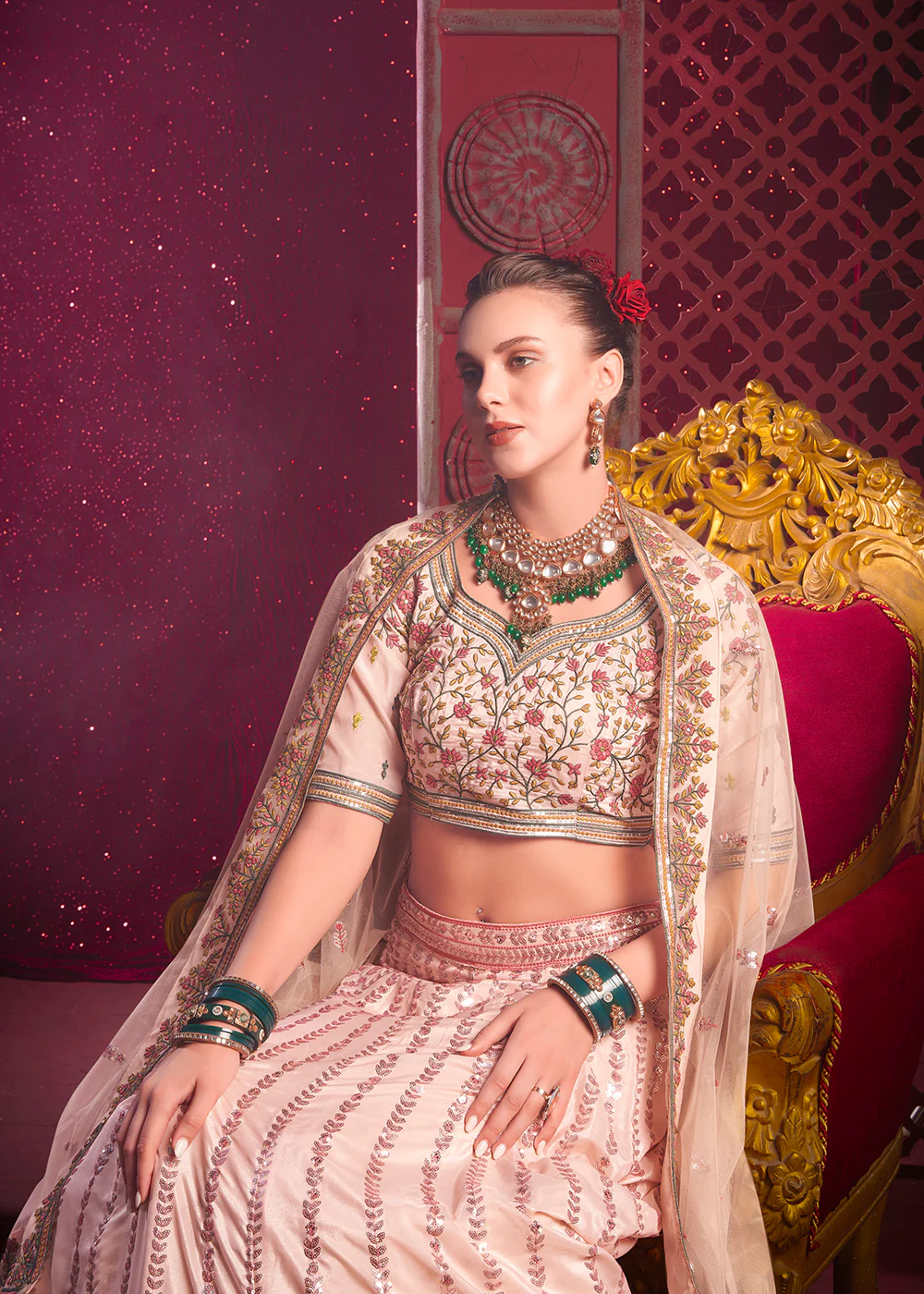 Peach Premium Silk Embroidered Bridesmaids Lehenga Choli - Image 6