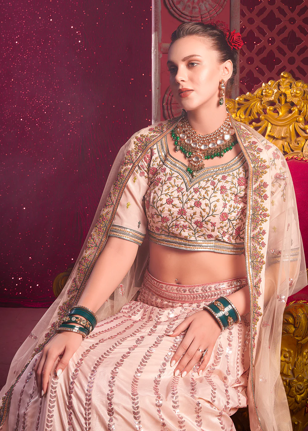 Peach Premium Silk Embroidered Bridesmaids Lehenga Choli - Image 8