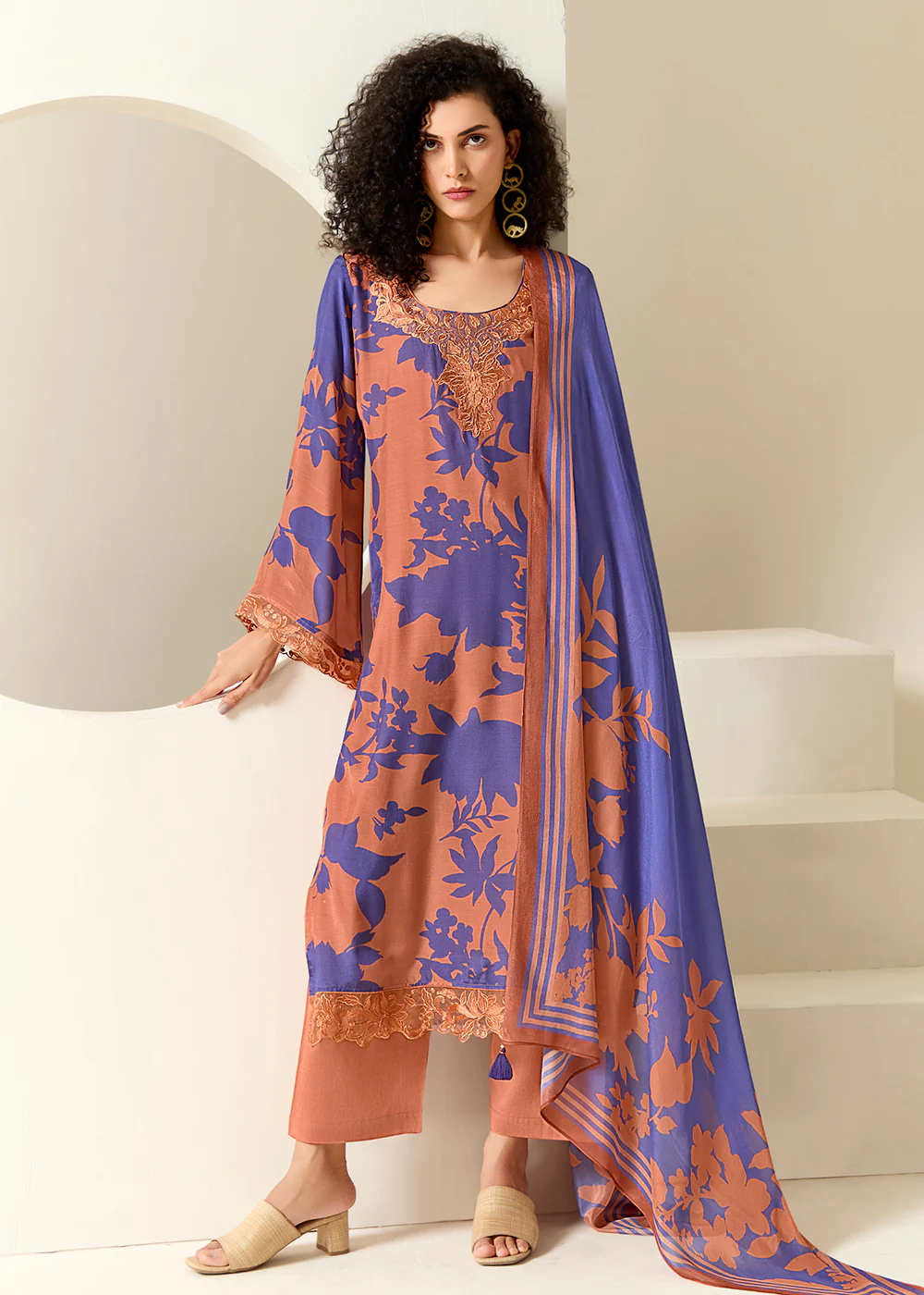 Peach Pure Muslin Floral Printed Trendy Salwar Suit