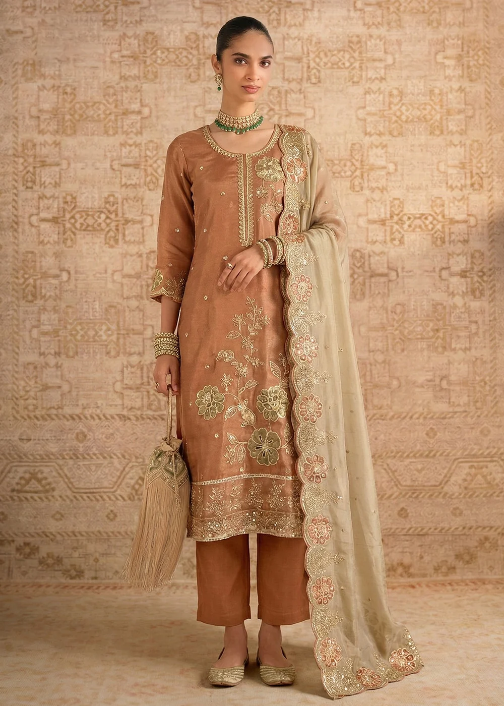 Peach Pure Shimmer Silk Designer Salwar Kurta Set