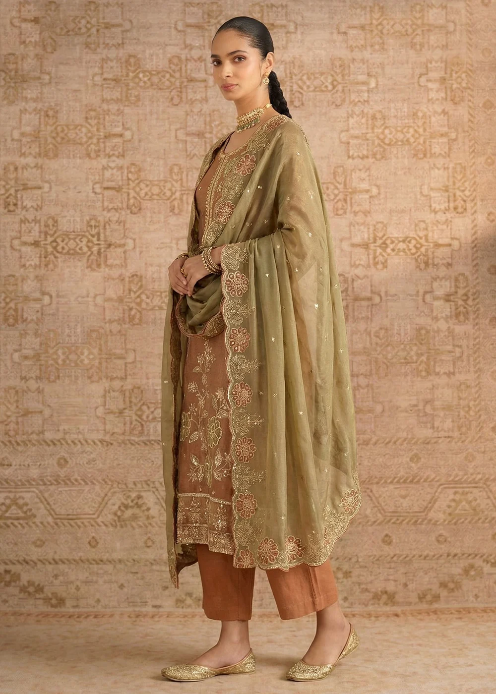 Peach Pure Shimmer Silk Designer Salwar Kurta Set - Image 2