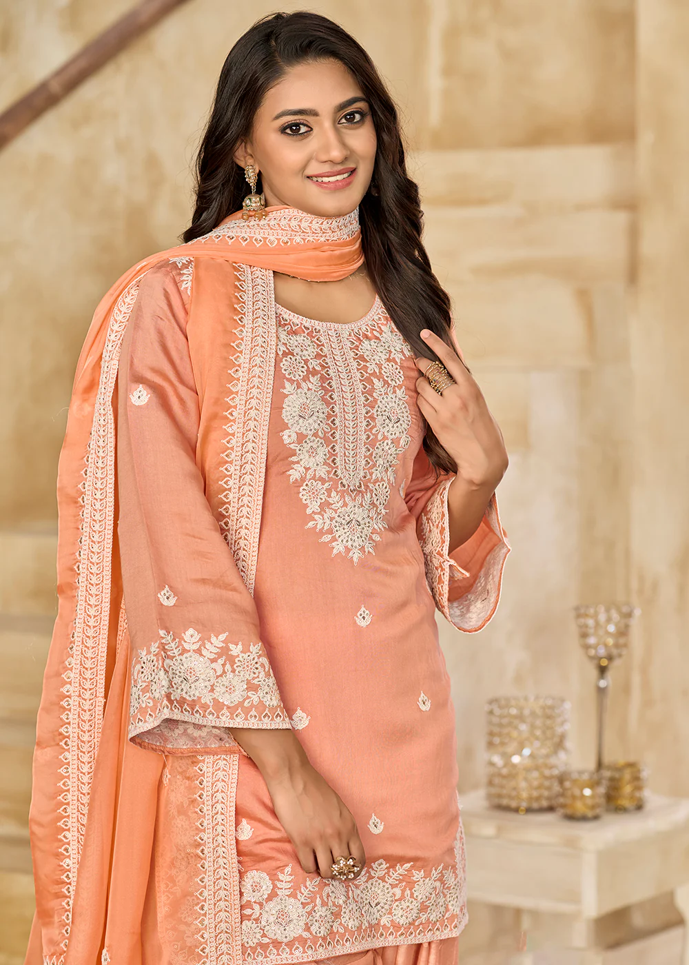 Peach Roman Silk Embroidered Punjabi Patiala Suit - Image 2