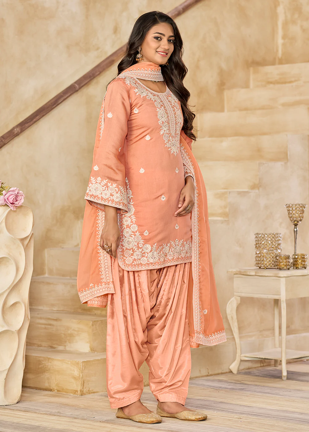 Peach Roman Silk Embroidered Punjabi Patiala Suit - Image 3