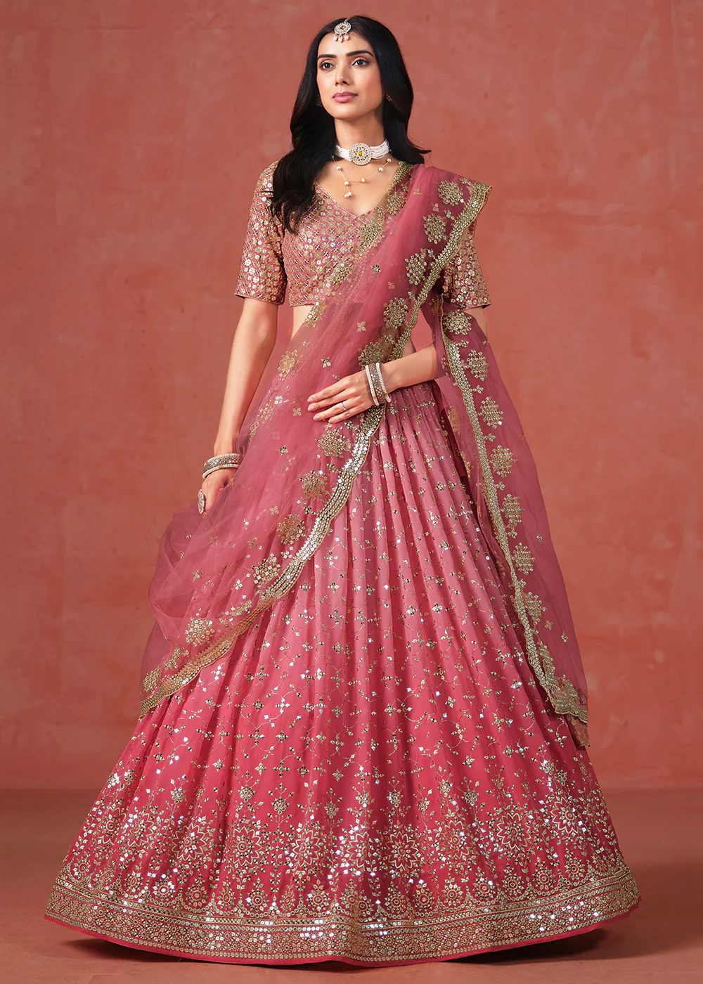 Peach Sequins & Zari Embroidered Wedding Lehenga Choli