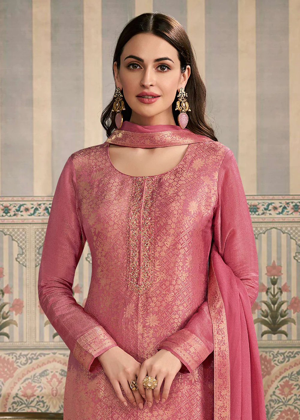 Peach Shimmer Jacquard Hand Work Salwar Suit - Image 2