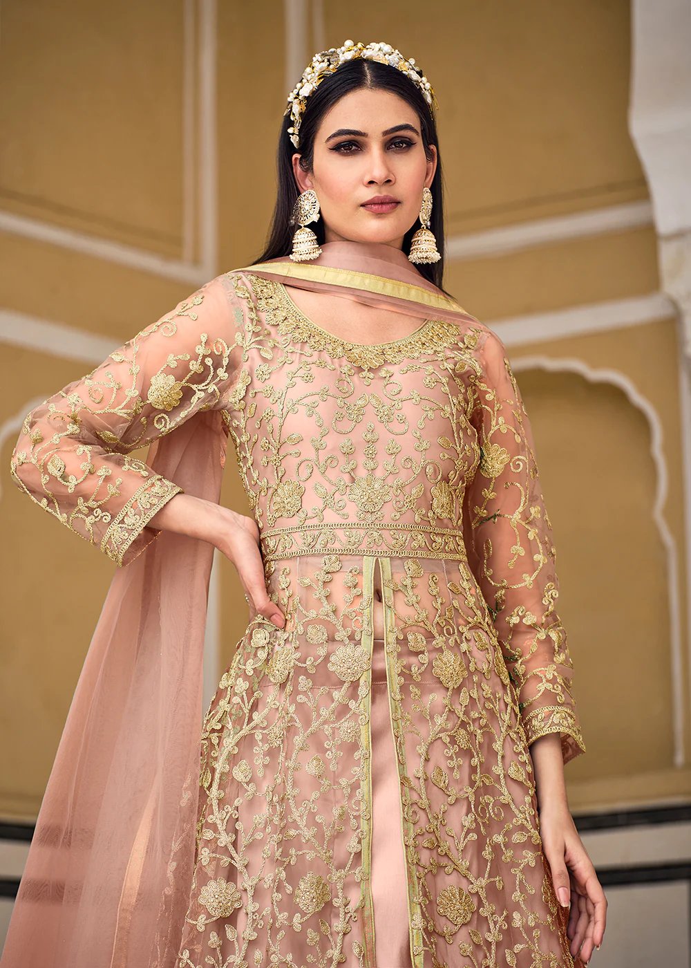 Peach Skirt & Pant Style Designer Anarkali Suit - Image 2