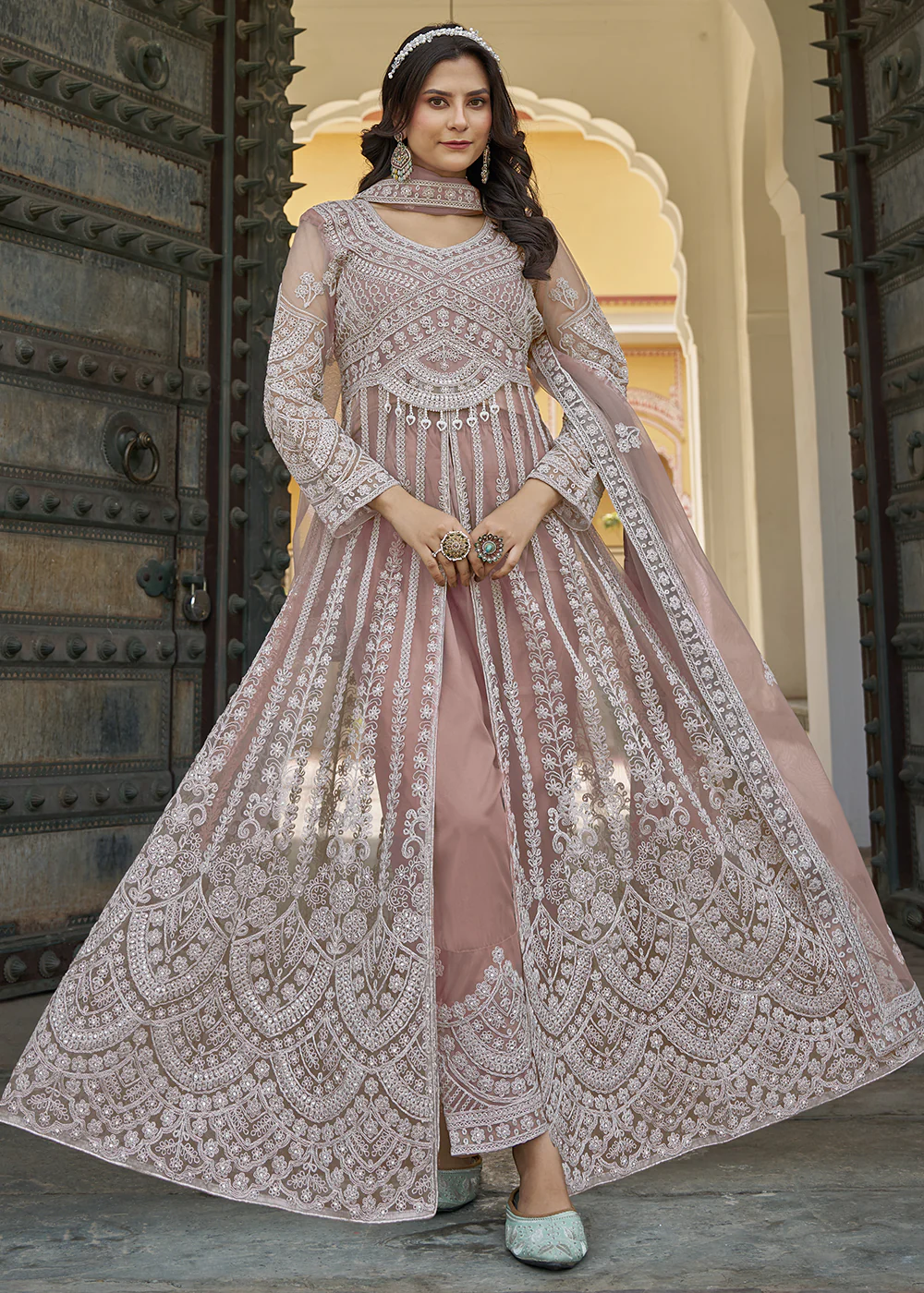 Peach Slit Style Skirt & Pant Style Anarkali Suit