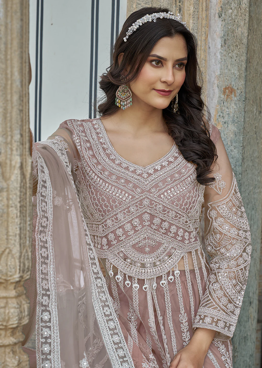 Peach Slit Style Skirt & Pant Style Anarkali Suit - Image 2