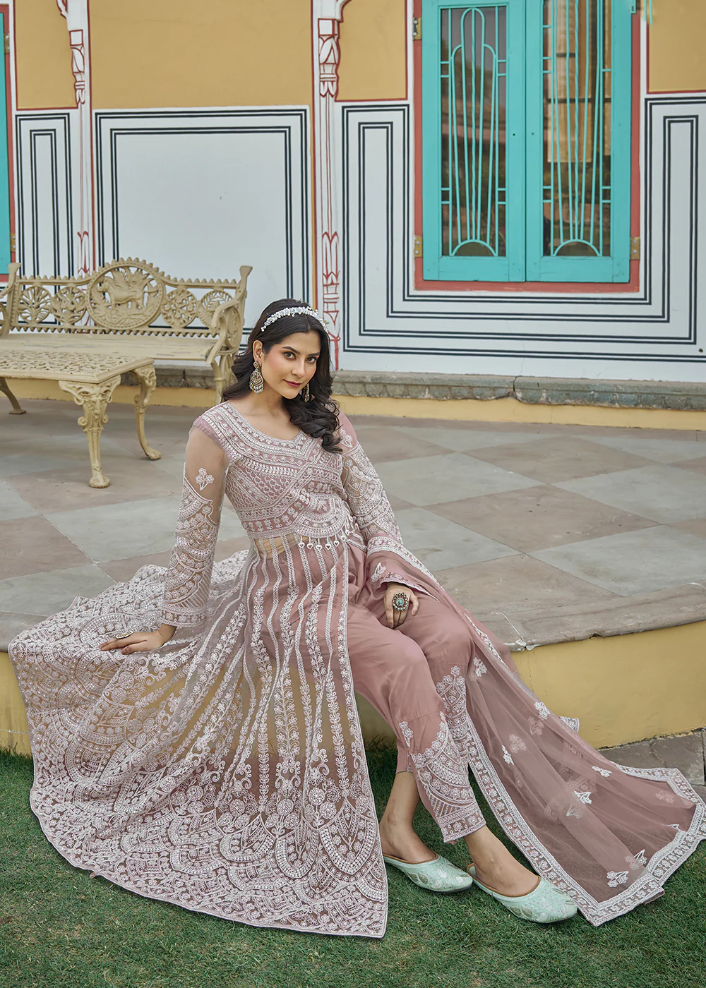 Peach Slit Style Skirt & Pant Style Anarkali Suit - Image 3