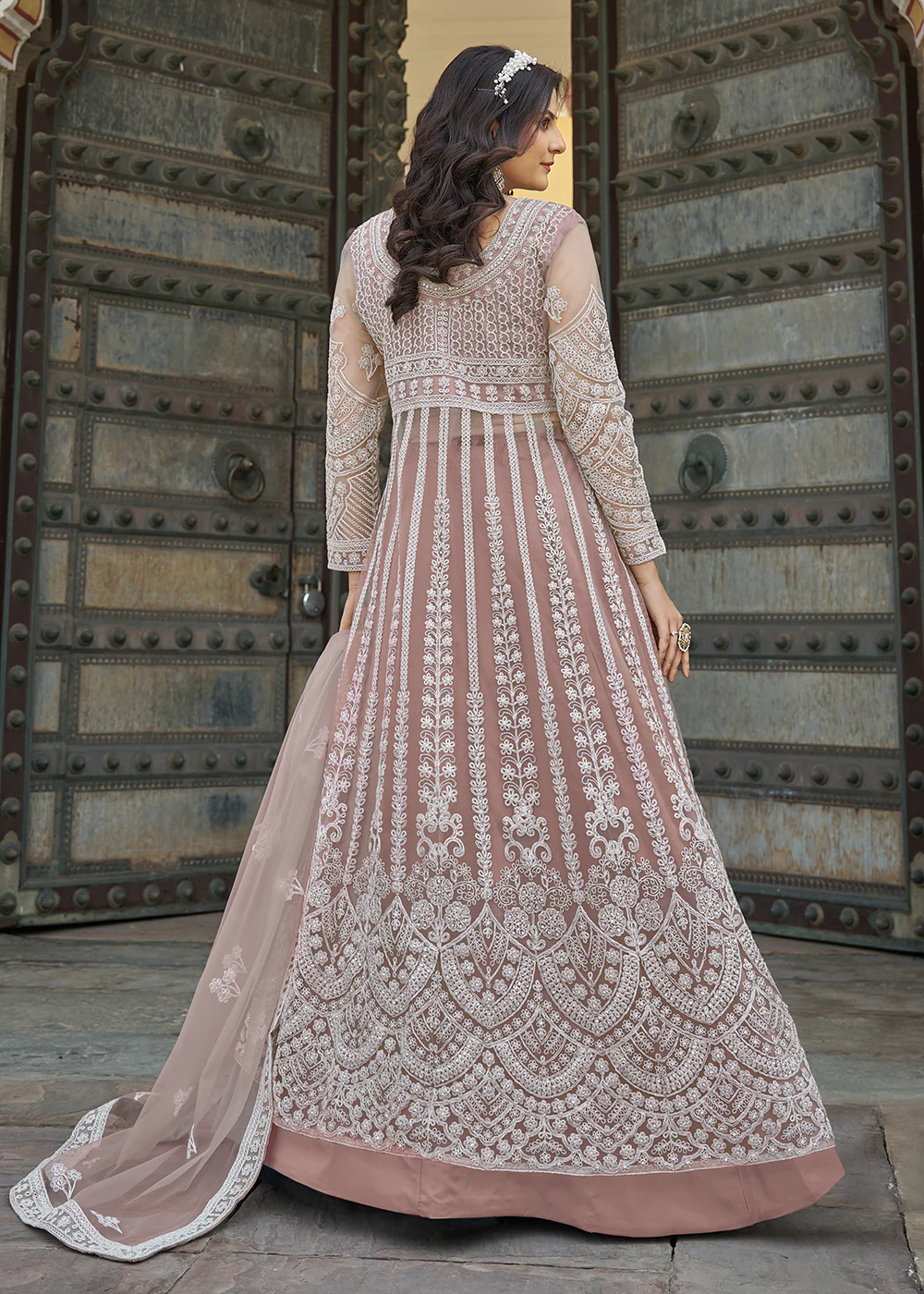 Peach Slit Style Skirt & Pant Style Anarkali Suit - Image 5