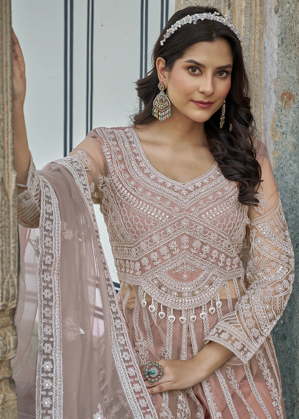 Peach Slit Style Skirt & Pant Style Anarkali Suit - Image 6