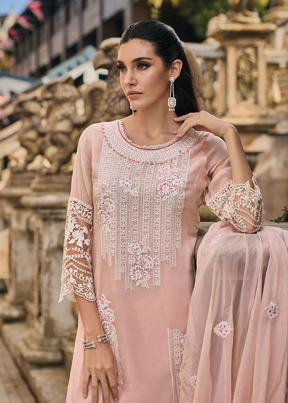 Peach Soft Organza Embroidered Designer Salwar Suit - Image 2