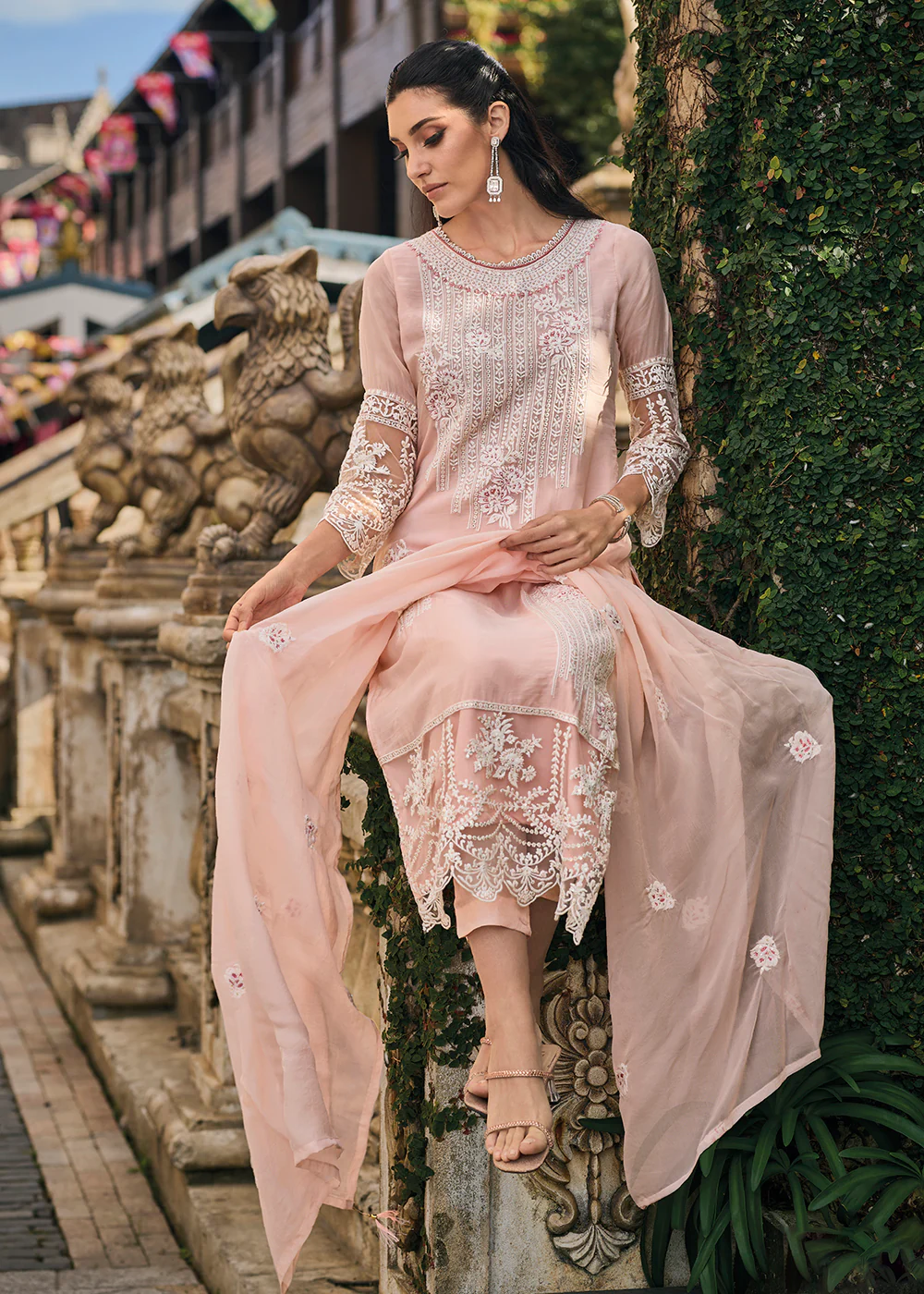 Peach Soft Organza Embroidered Designer Salwar Suit - Image 3