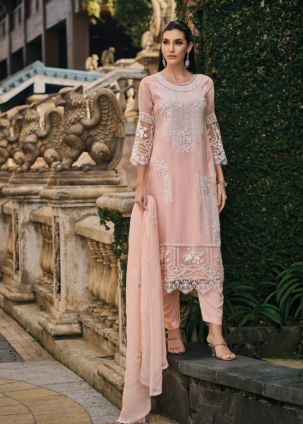 Peach Soft Organza Embroidered Designer Salwar Suit - Image 4