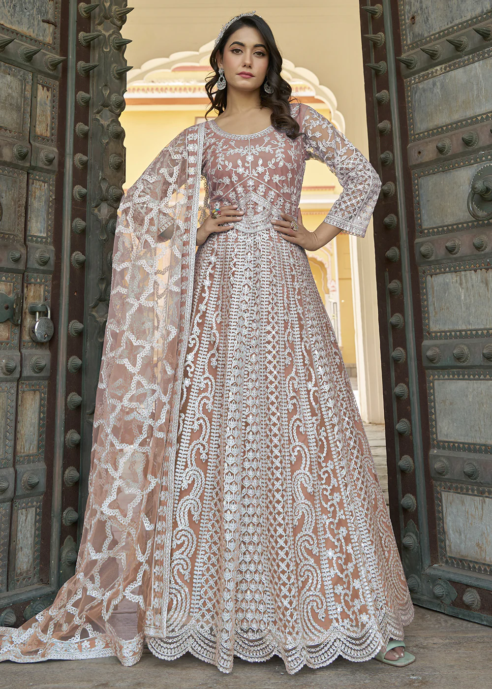 Peach Stone & Mirror Work Eid Style Anarkali Suit