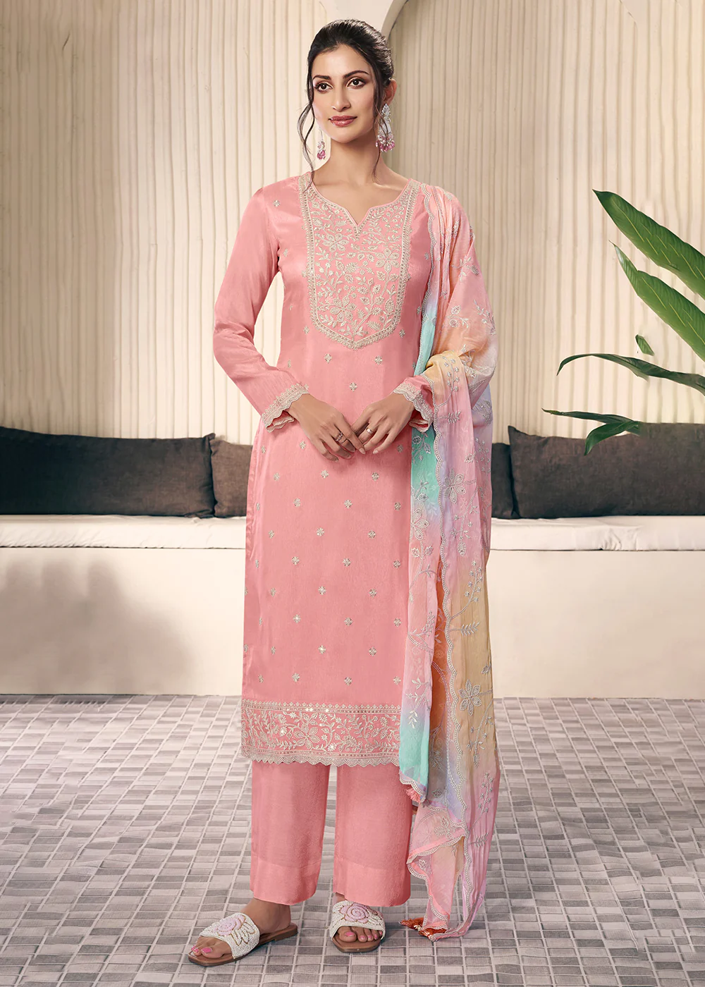 Peach Threads Work Moonga Silk Pant Salwar Suit