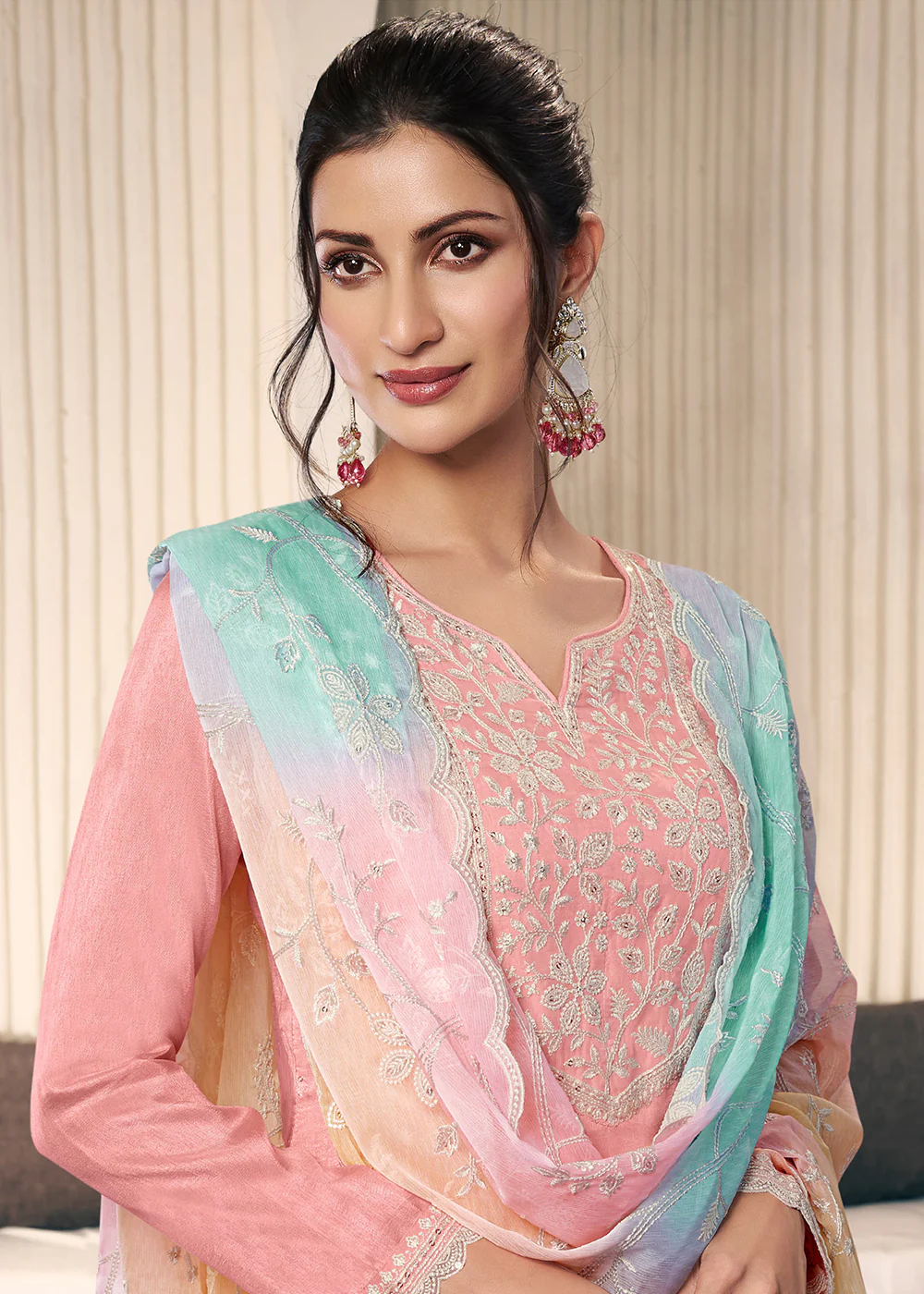 Peach Threads Work Moonga Silk Pant Salwar Suit - Image 2