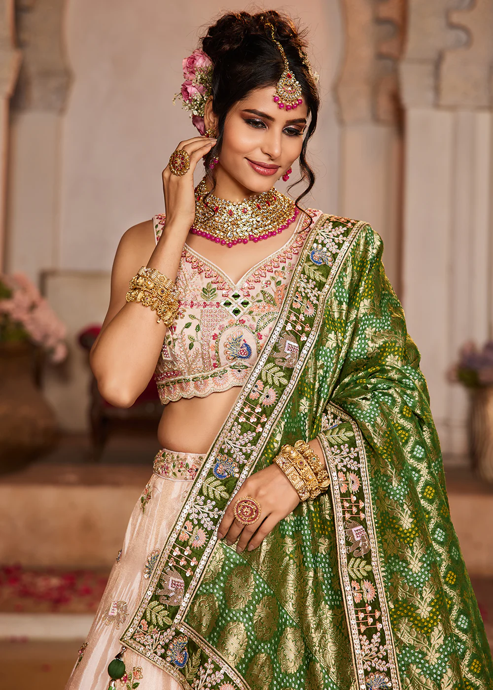 Peach Tissue Mirror Embroidered Designer Lehenga Choli - Image 2