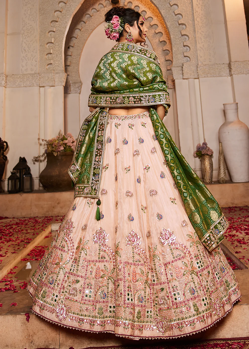 Peach Tissue Mirror Embroidered Designer Lehenga Choli - Image 3