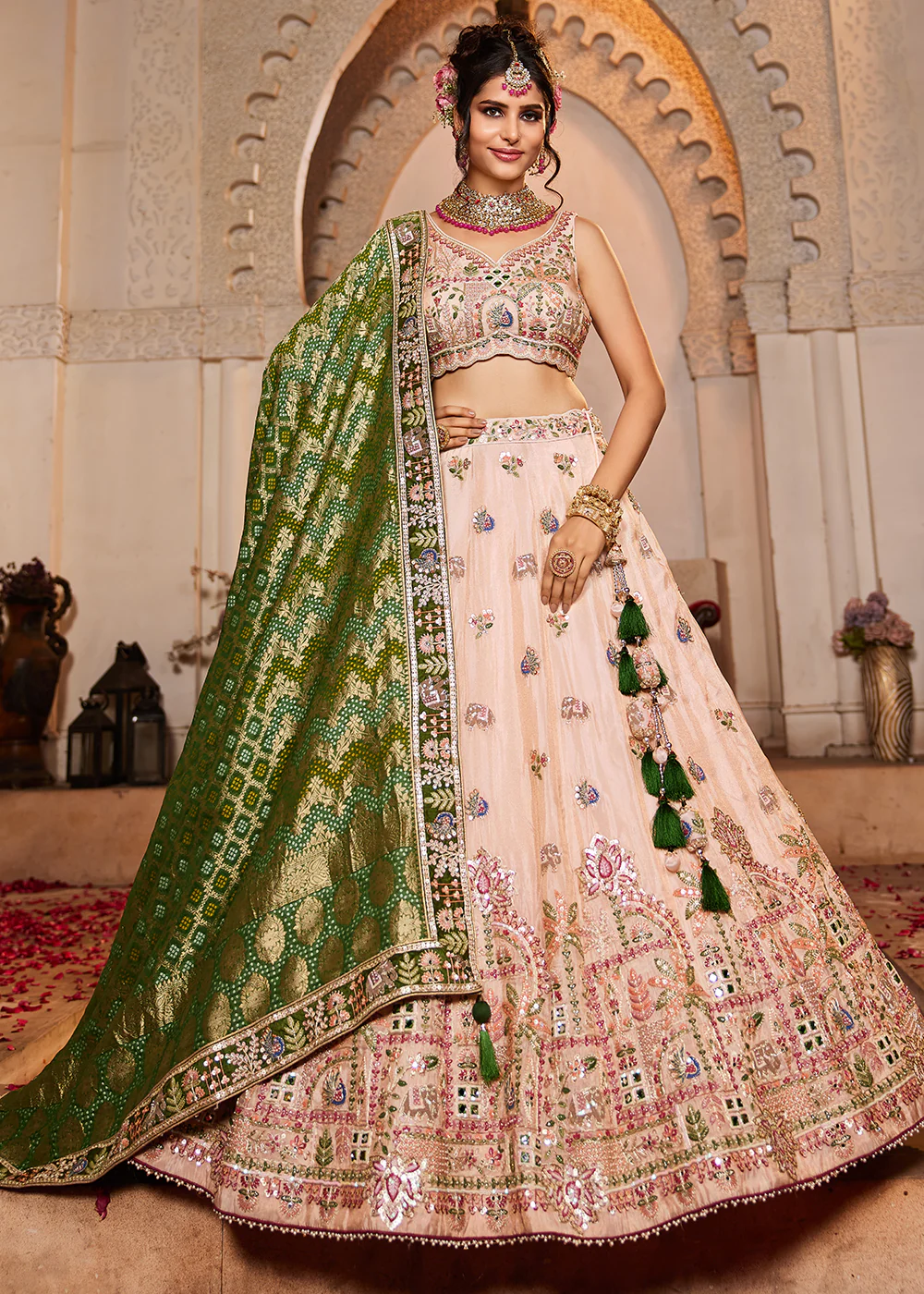 Peach Tissue Mirror Embroidered Designer Lehenga Choli - Image 4