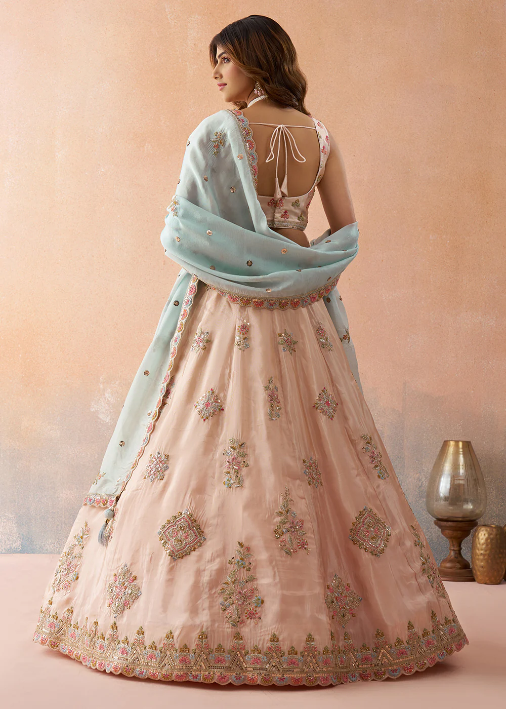 Peach Tissue Sequins & Zari Embroidery Lehenga Choli - Image 3