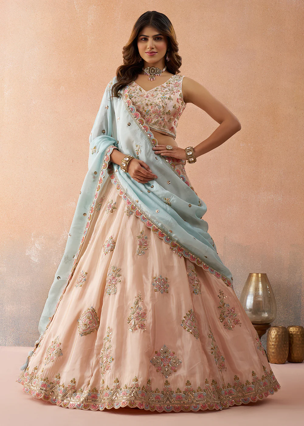 Peach Tissue Sequins & Zari Embroidery Lehenga Choli - Image 4