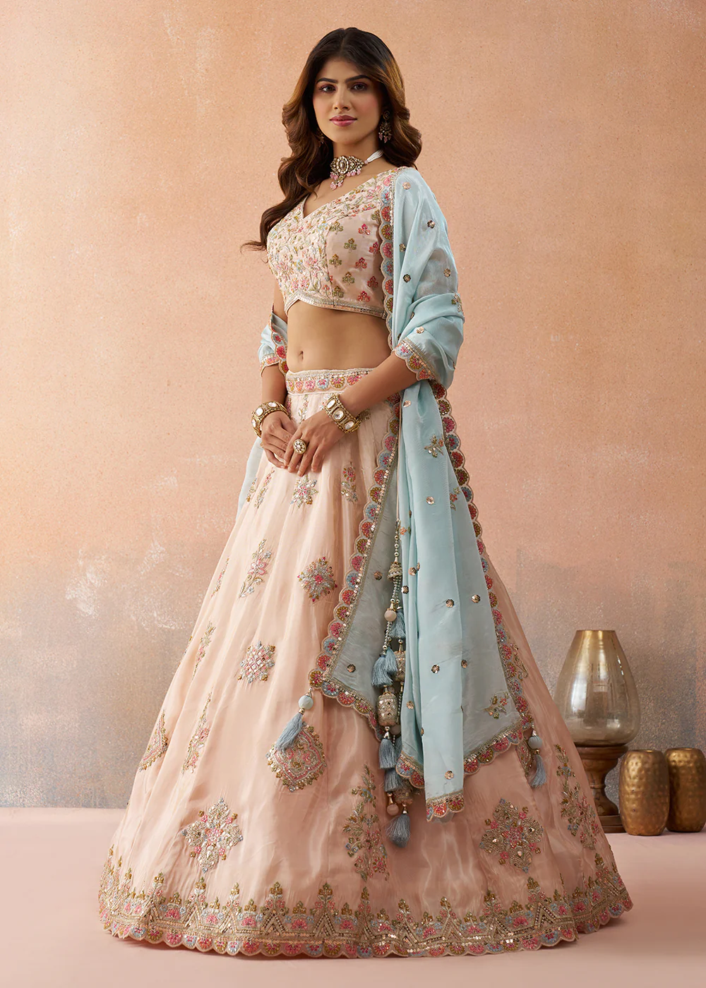 Peach Tissue Sequins & Zari Embroidery Lehenga Choli - Image 5