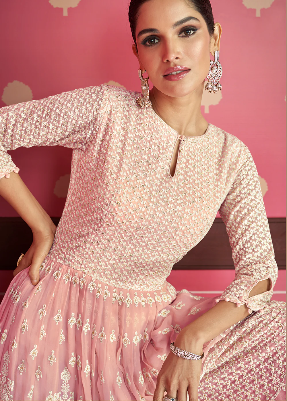 Peach to Beige Shaded Lucknowi Embroidered Jumpsuit - Image 2