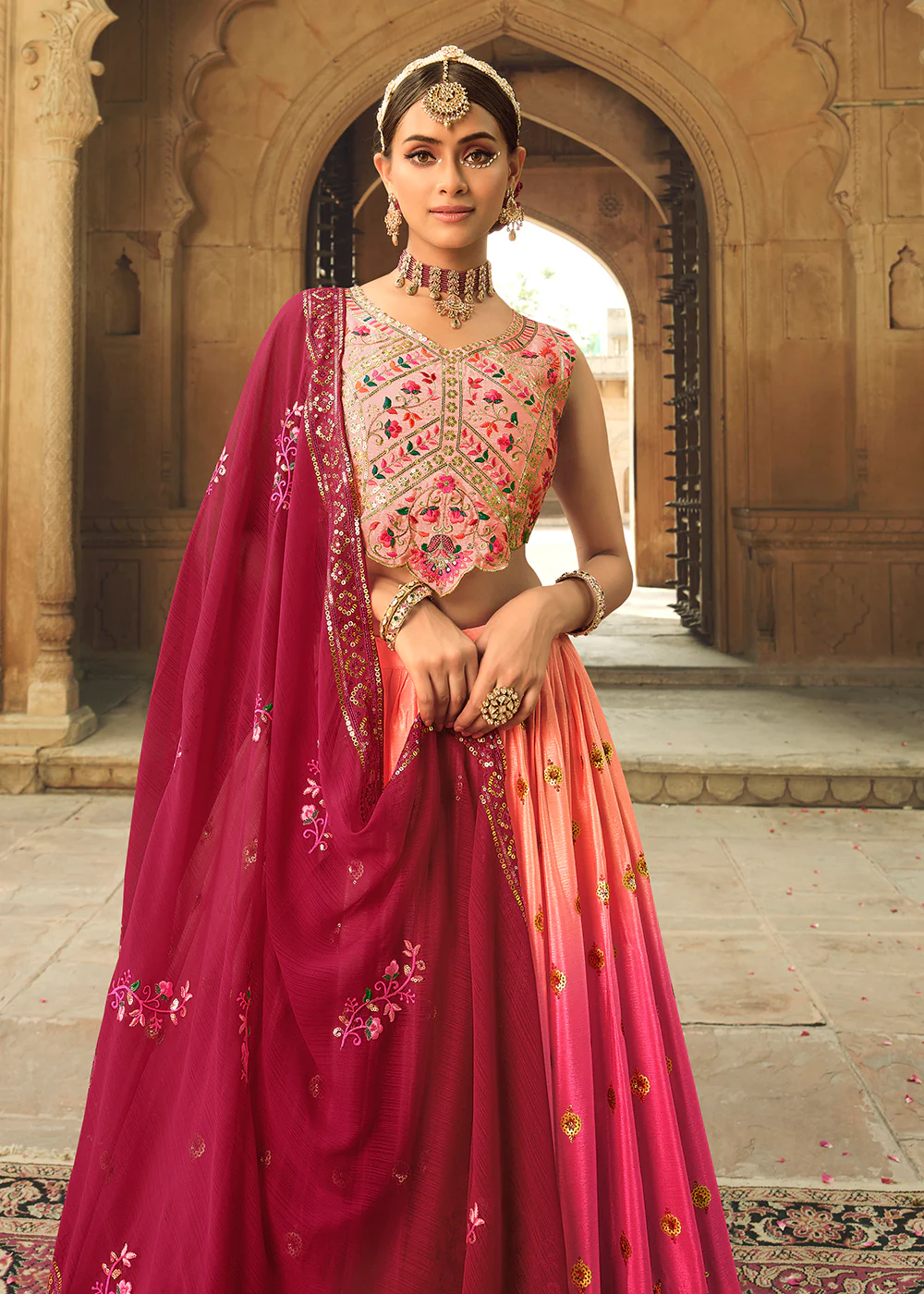 Peach to Pink Multi Color Sequins Festive Lehenga Choli - Image 2