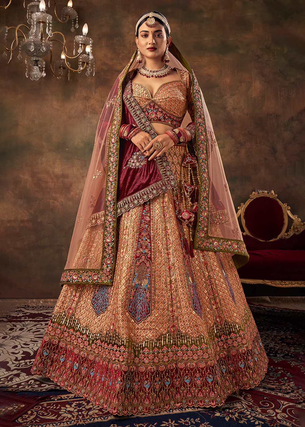 Peach Velvet Hand Embroidered Bridal Lehenga Choli