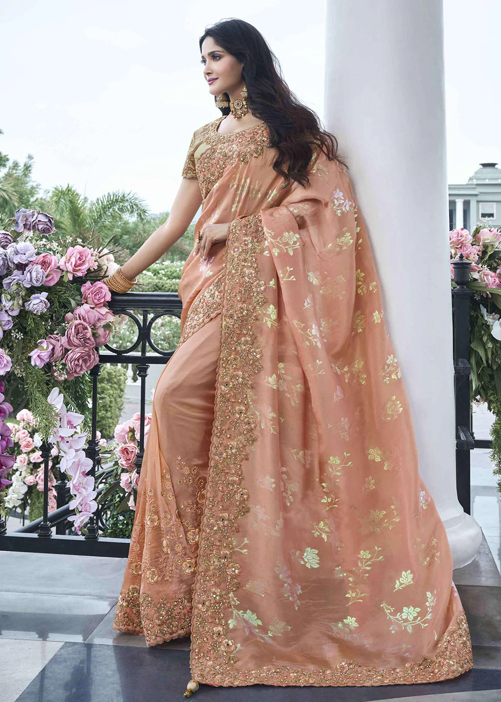 Peach Viscose Silk Embroidered Designer Wedding Saree