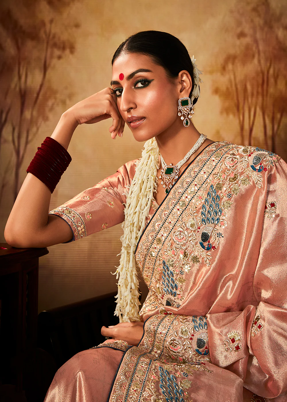 Peach Wedding Wear Embroidered Kanjivaram Silk Saree - Image 2