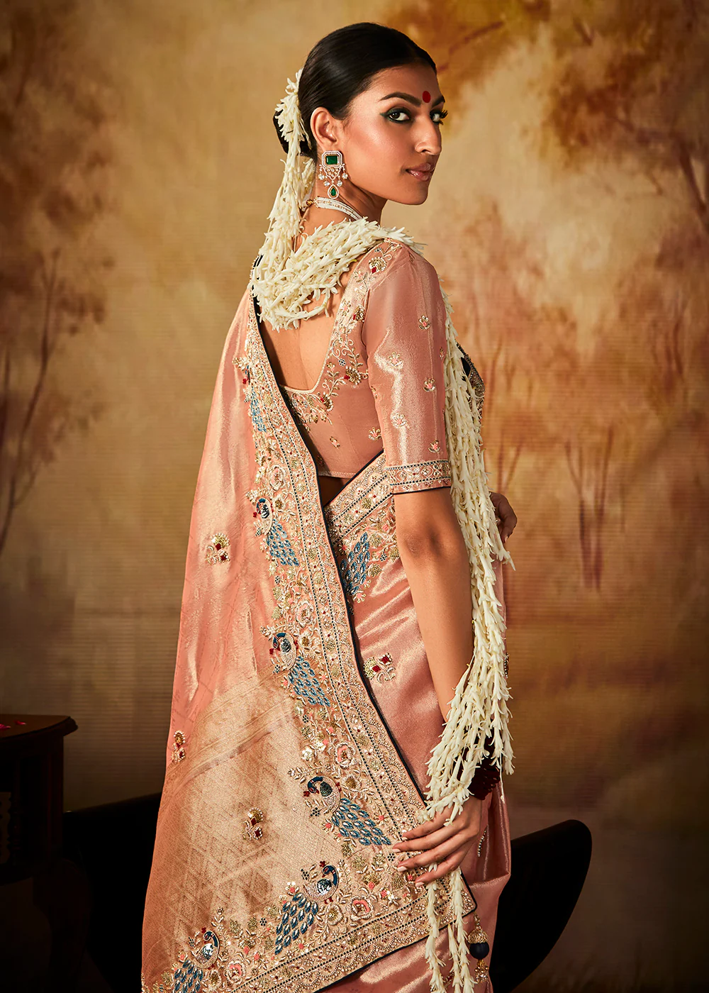 Peach Wedding Wear Embroidered Kanjivaram Silk Saree - Image 3