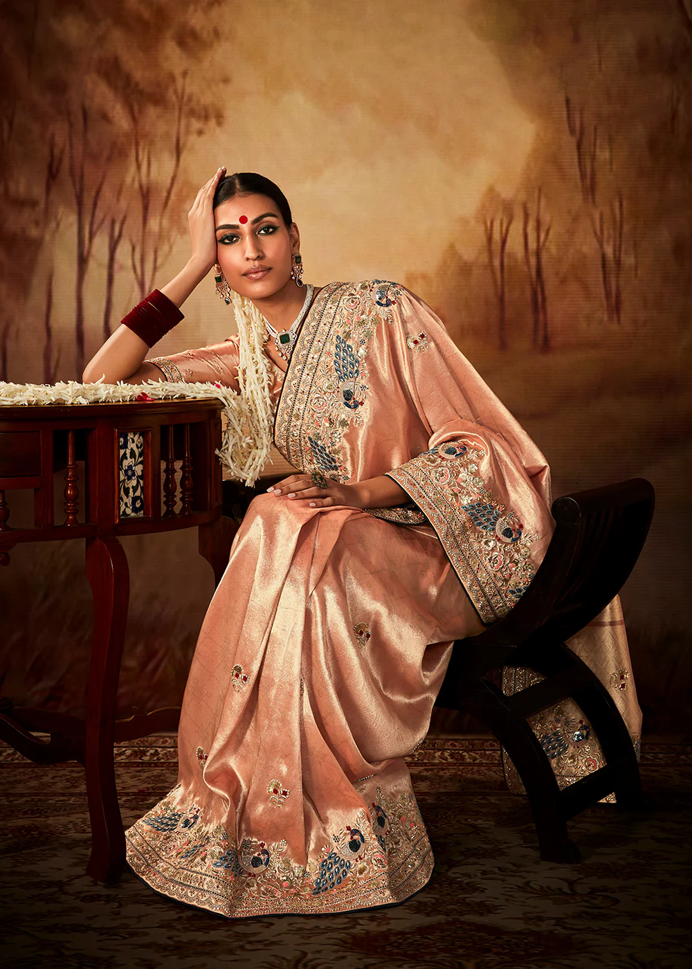 Peach Wedding Wear Embroidered Kanjivaram Silk Saree - Image 4