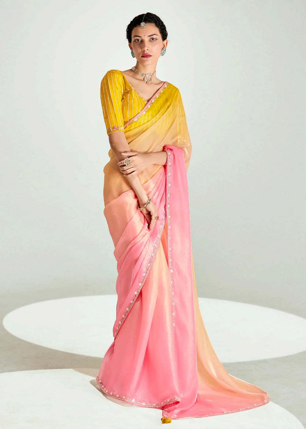 Peach & Yellow Organza Tissue Designer Party Wear Saree