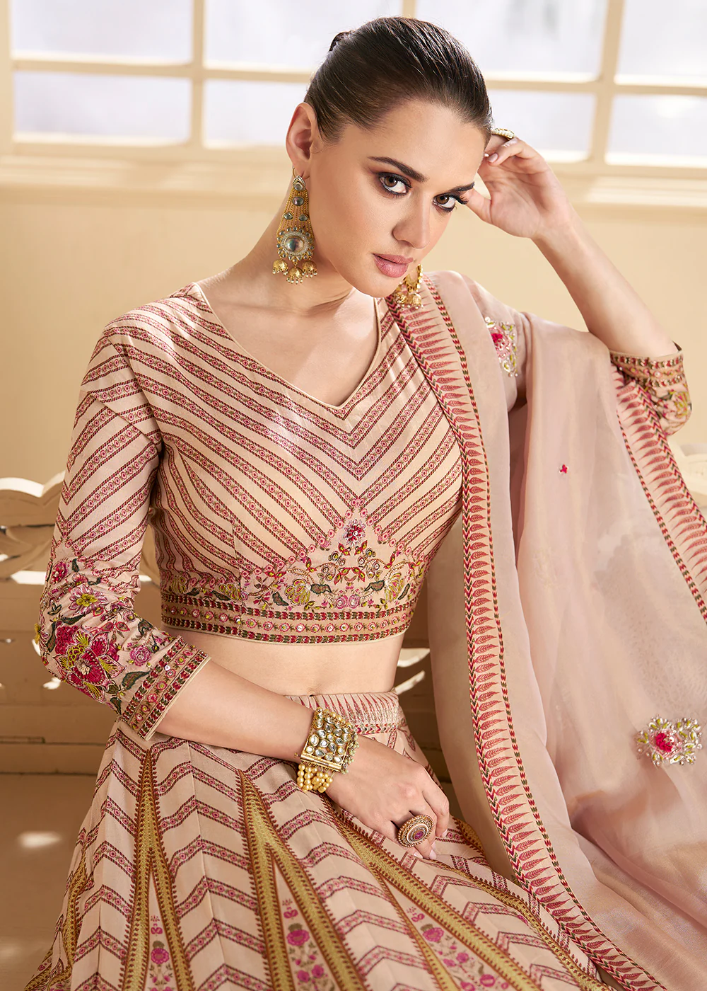 Peachy Beige Silk Embroidered Wedding Lehenga Set - Image 2