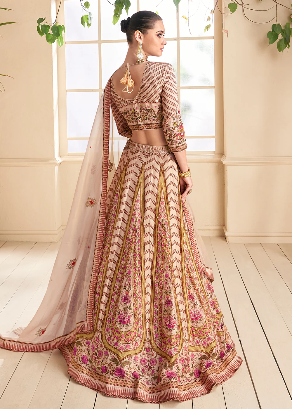 Peachy Beige Silk Embroidered Wedding Lehenga Set - Image 3