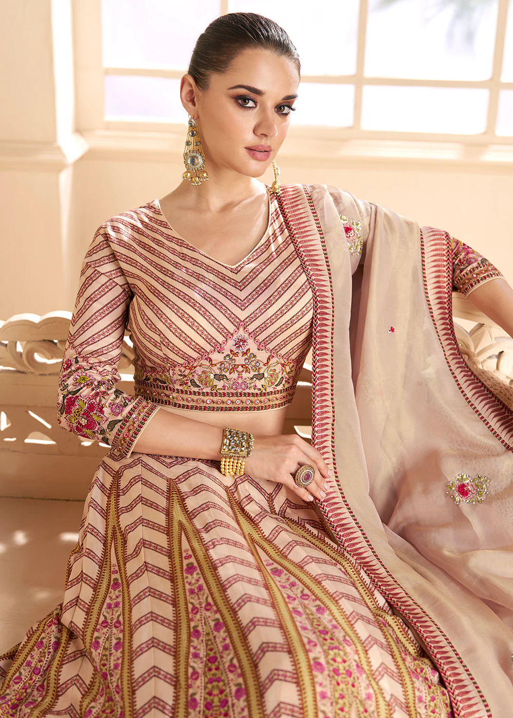 Peachy Beige Silk Embroidered Wedding Lehenga Set - Image 4