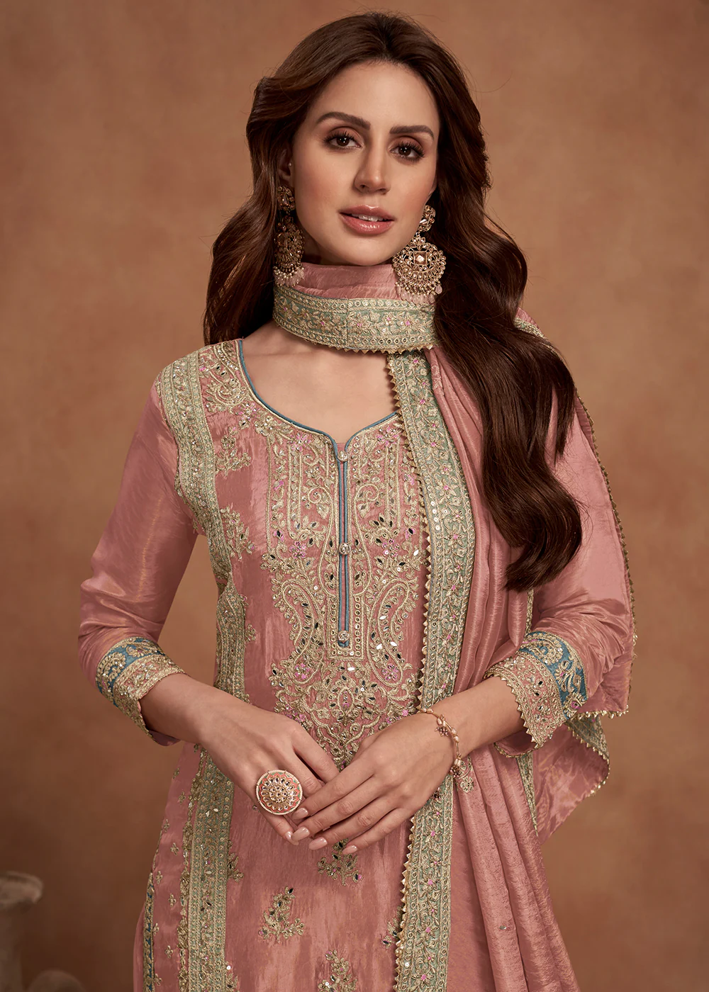 Peachy Pink Embroidered Real Simar Silk Palazzo Suit - Image 2