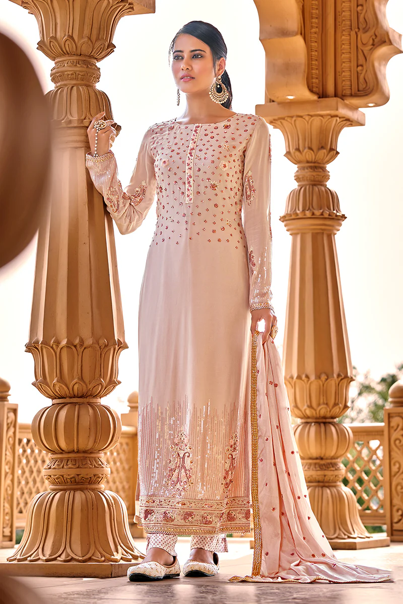 Peachy Pink Georgette Viscose Embroidered Salwar Suit - Image 3