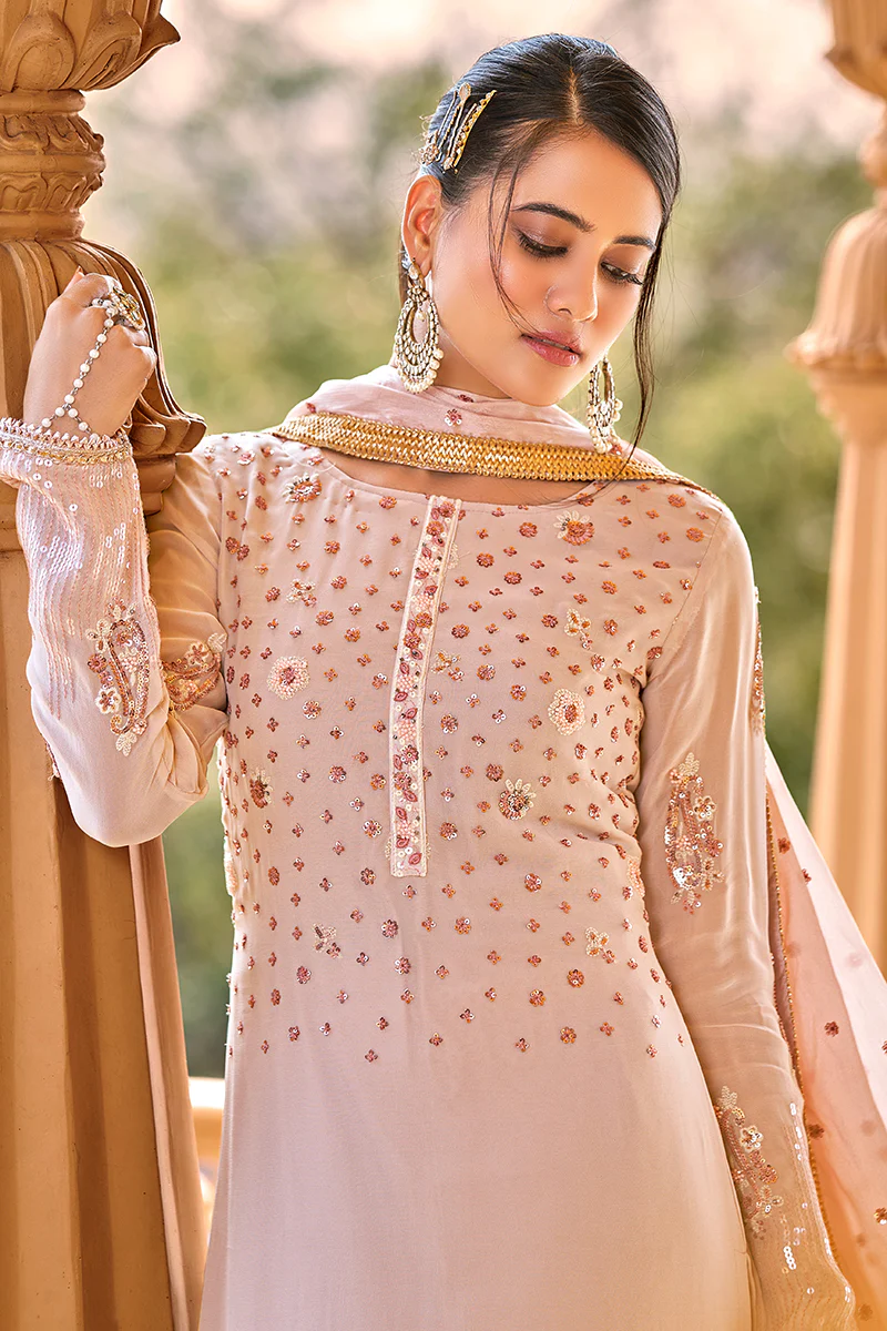 Peachy Pink Georgette Viscose Embroidered Salwar Suit - Image 4