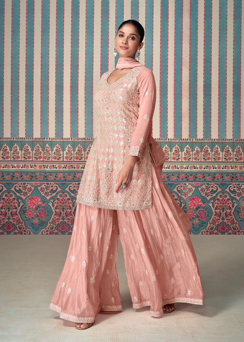 Peachy Pink Premium Embroidered Designer Sharara Suit - Image 3
