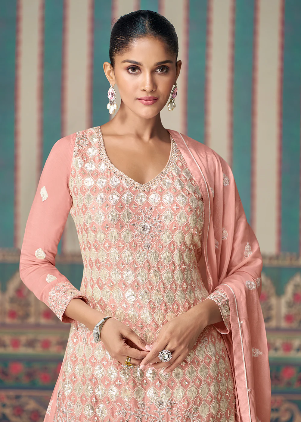 Peachy Pink Premium Embroidered Designer Sharara Suit - Image 4