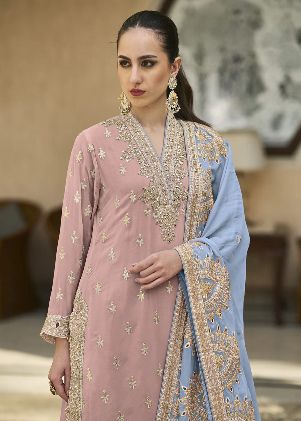 Peachy Pink Semi Chiffon Pakistani Style Palazzo Suit - Image 2